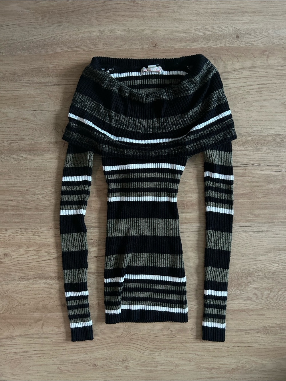 Y2K Striped Cowl Neck Foldover Off The Shoulder Knit Long Sleeve Sweater